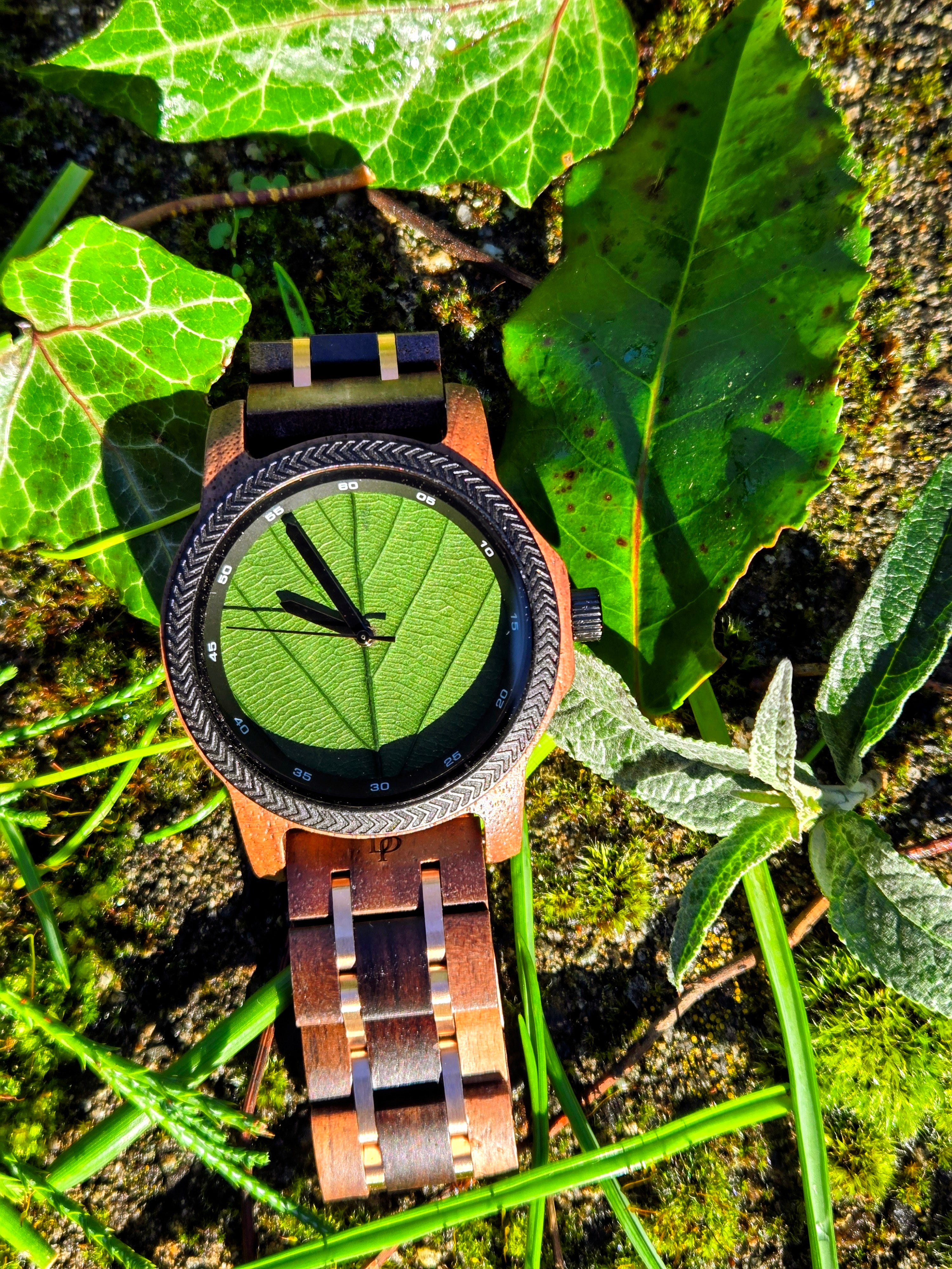 Real Fig Leaf Wooden Watch: Handcrafted Walnut & Ebony Timepiece