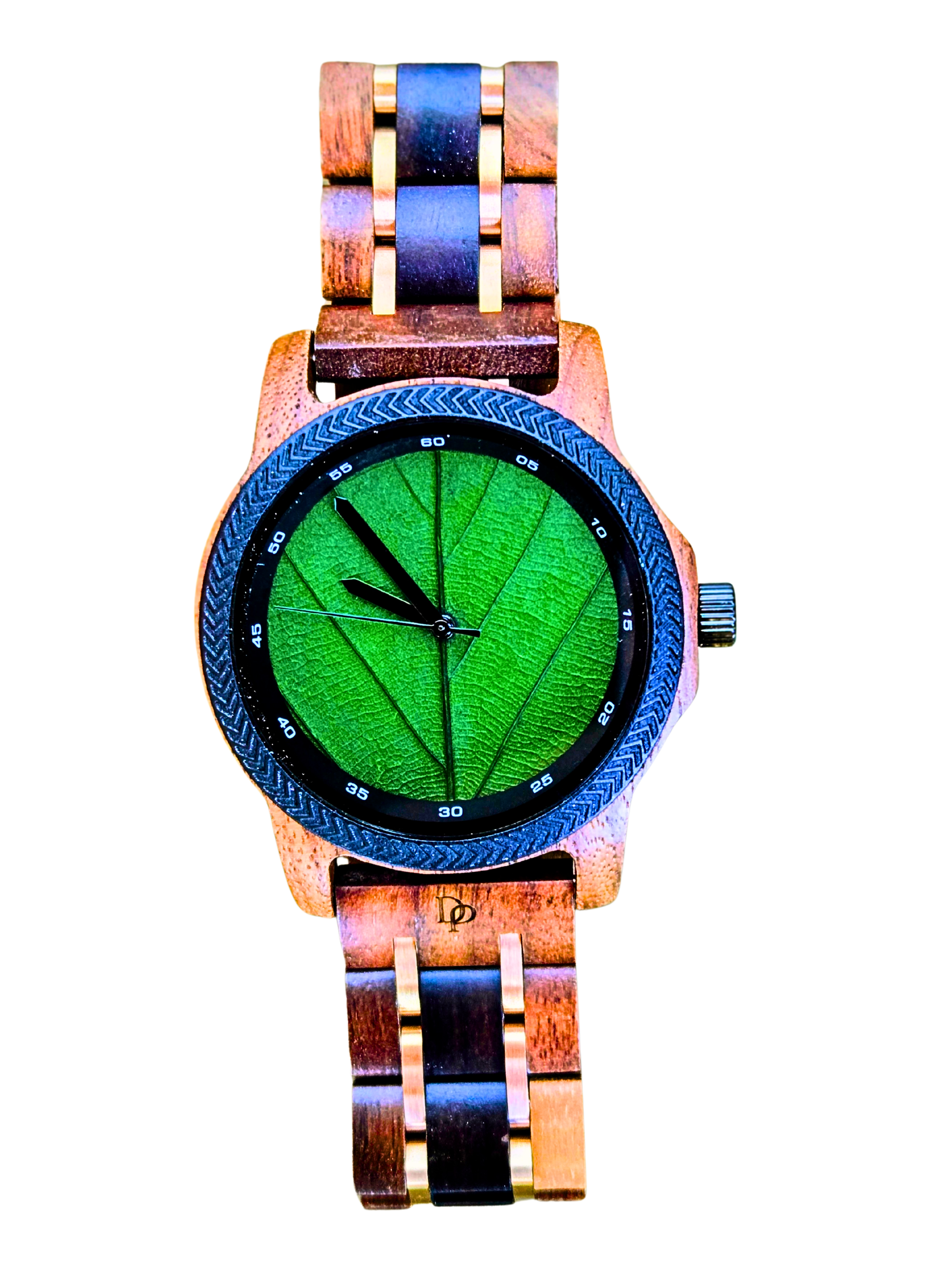 Real Fig Leaf Wooden Watch: Handcrafted Walnut & Ebony Timepiece