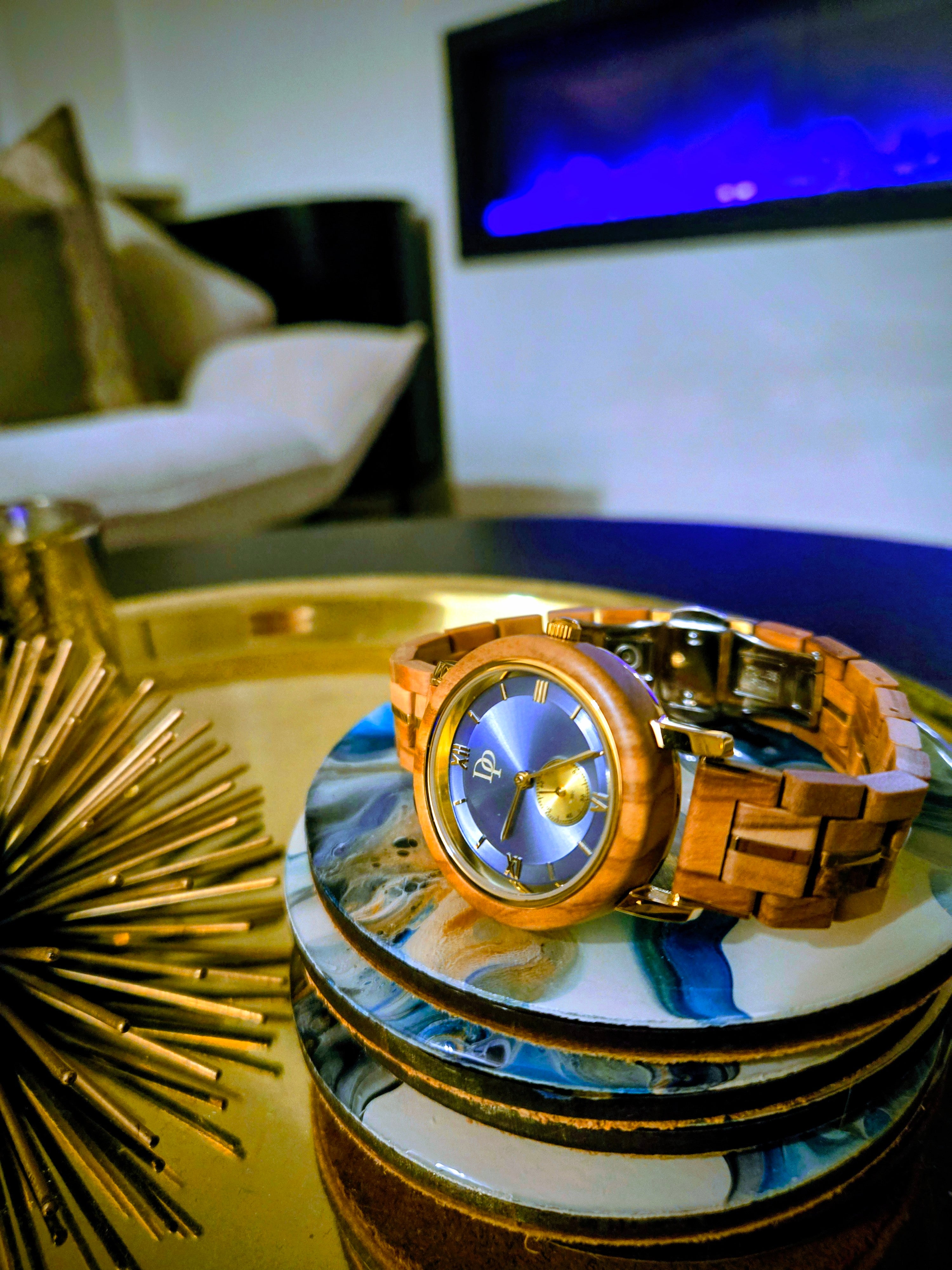 Blue Chronograph Wooden Watch for Women